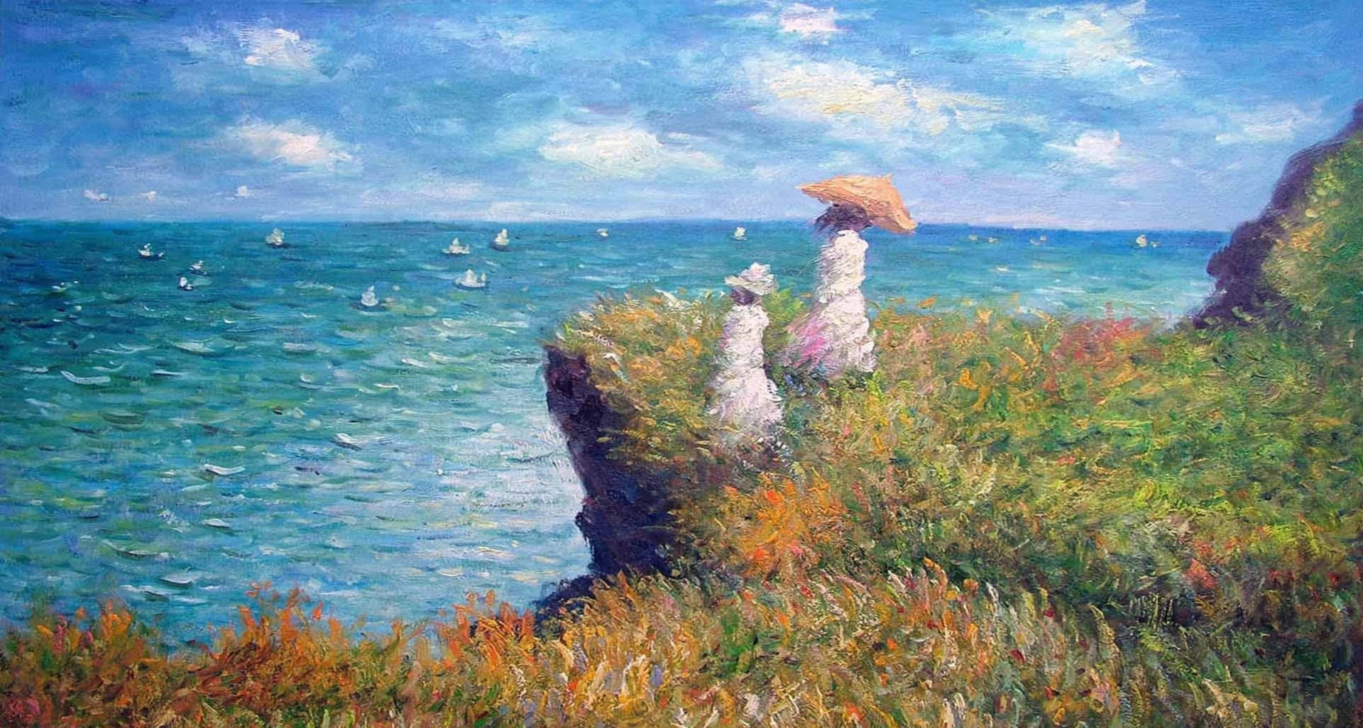 2 people looking at boats in the sea on a cliff